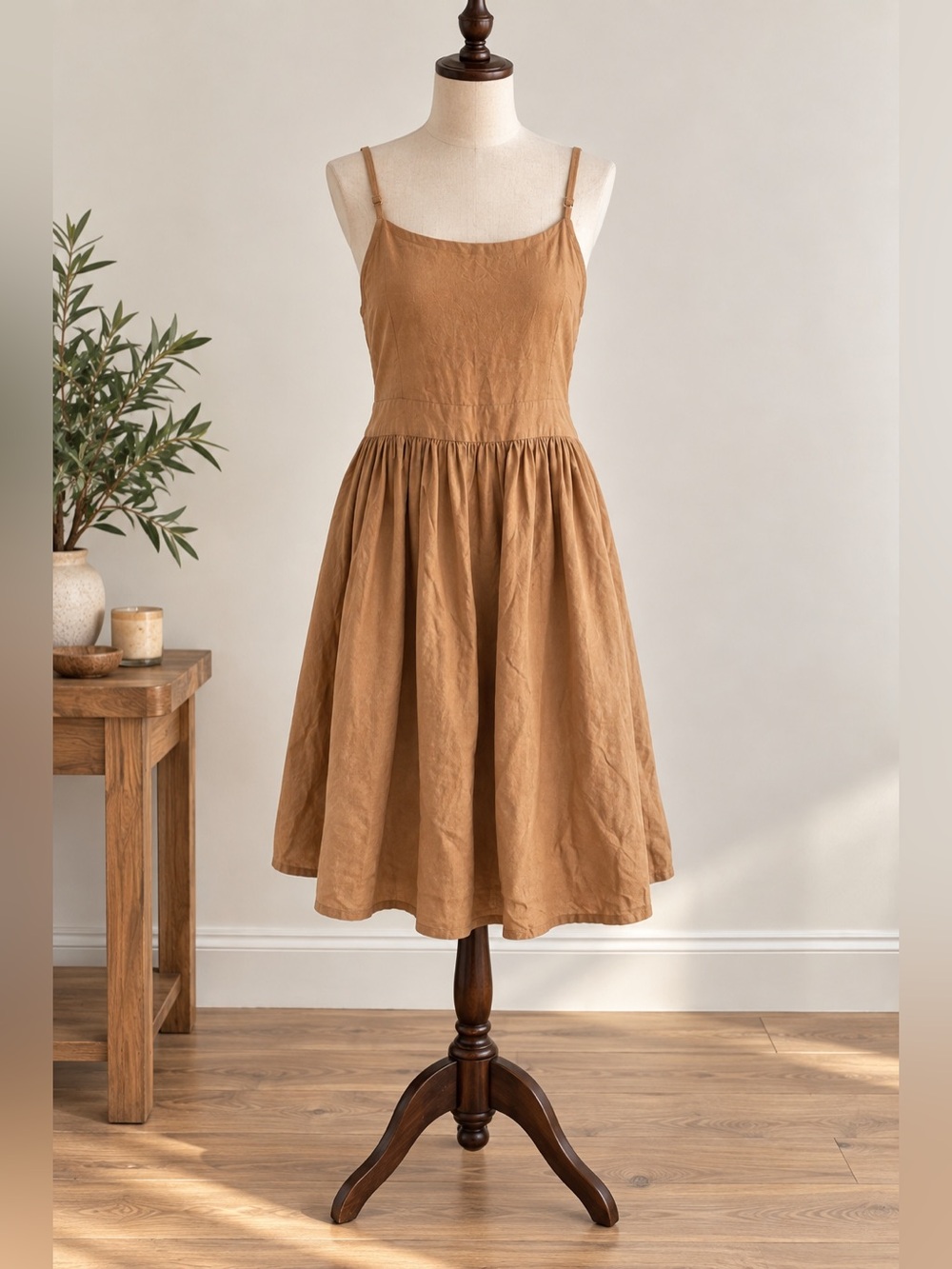 RW&CO Cotton Linen Tie Back Dress S Camel Coastal Quiet Luxury Resort Midi